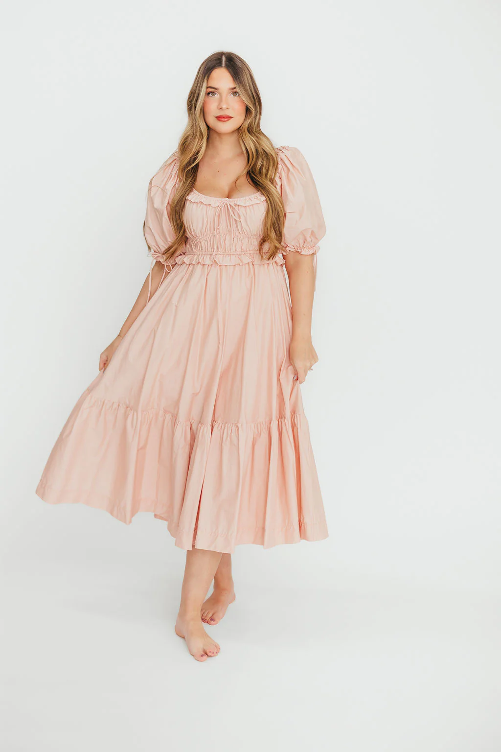 100% Cotton Crissy Ruched Midi Dress in Dusty Pink - Bump Friendly - Fashionser