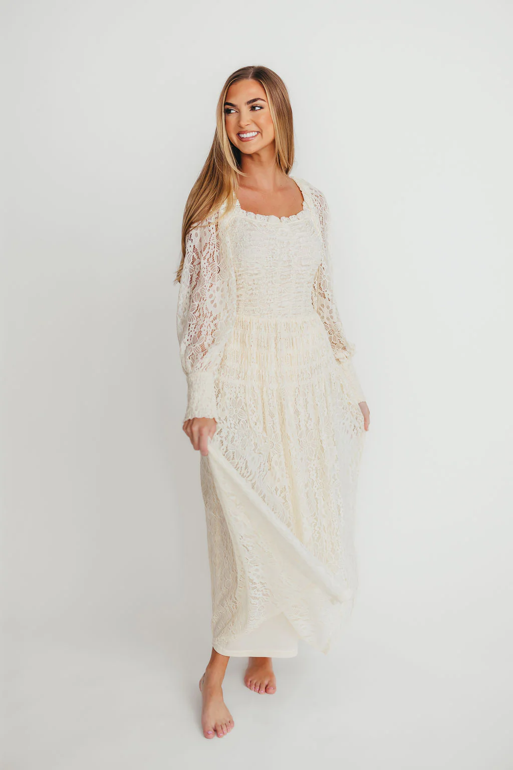 Adaline Vintage Lace Smocked Maxi Dress in Cream - Fashionser