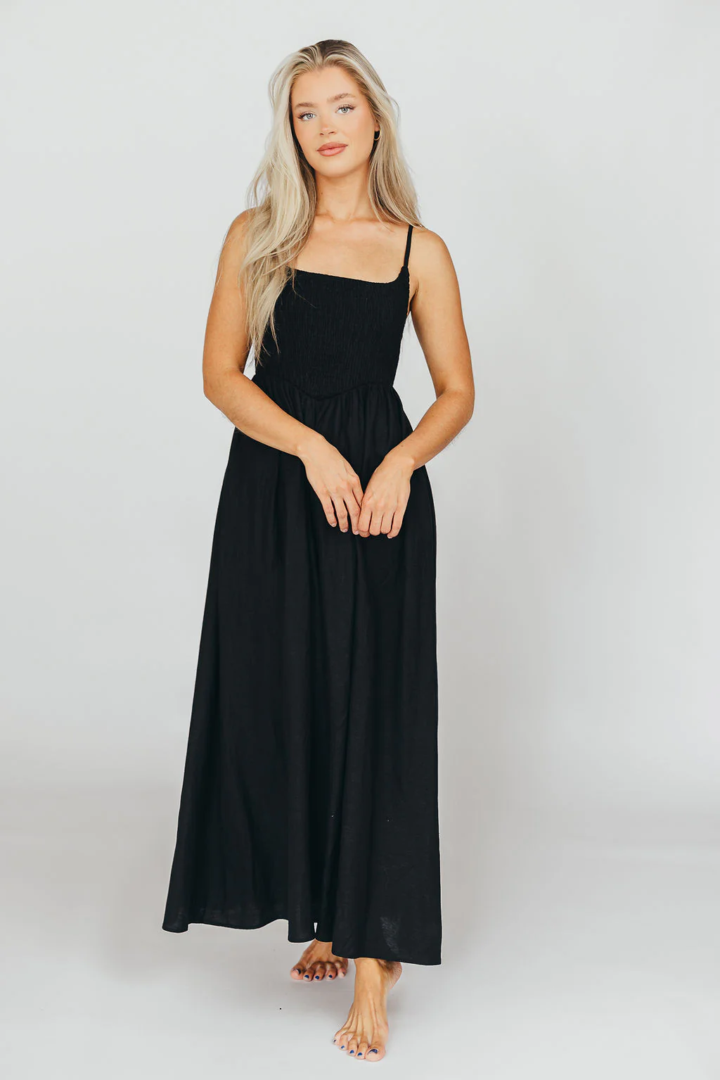 Josefina Smocked Maxi Dress in Black - Bump Friendly - Fashionser