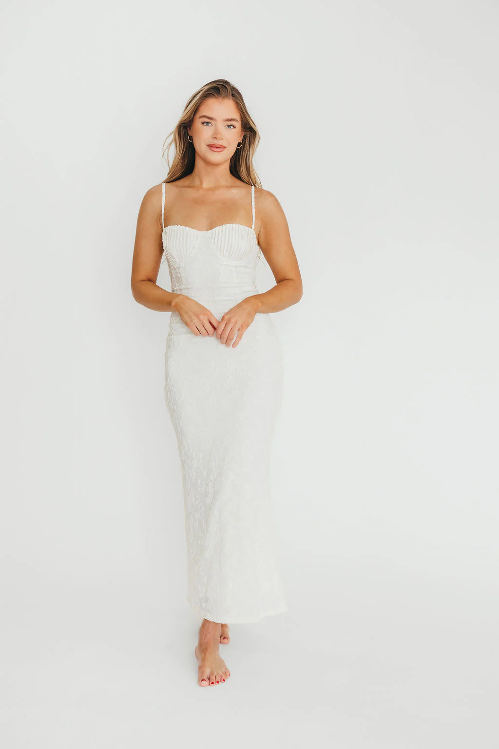Amira Ruched Bustier Lace Up Back Maxi Dress in Ivory - Fashionser