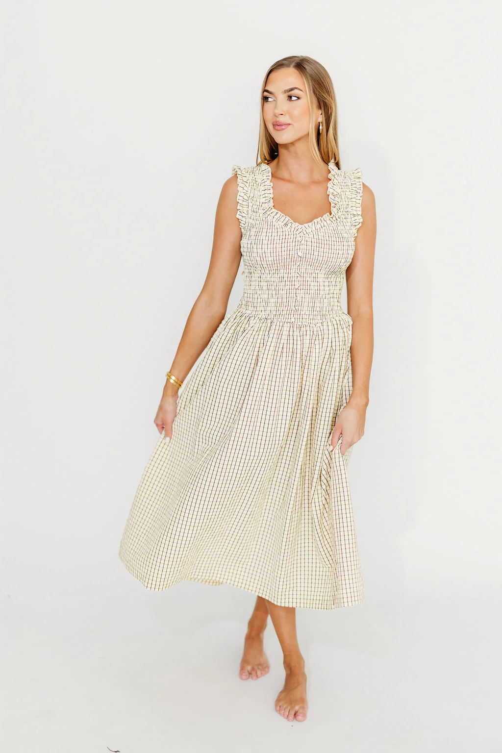 Ramona Plaid Smocked Midi Dress in Cream - Fashionser