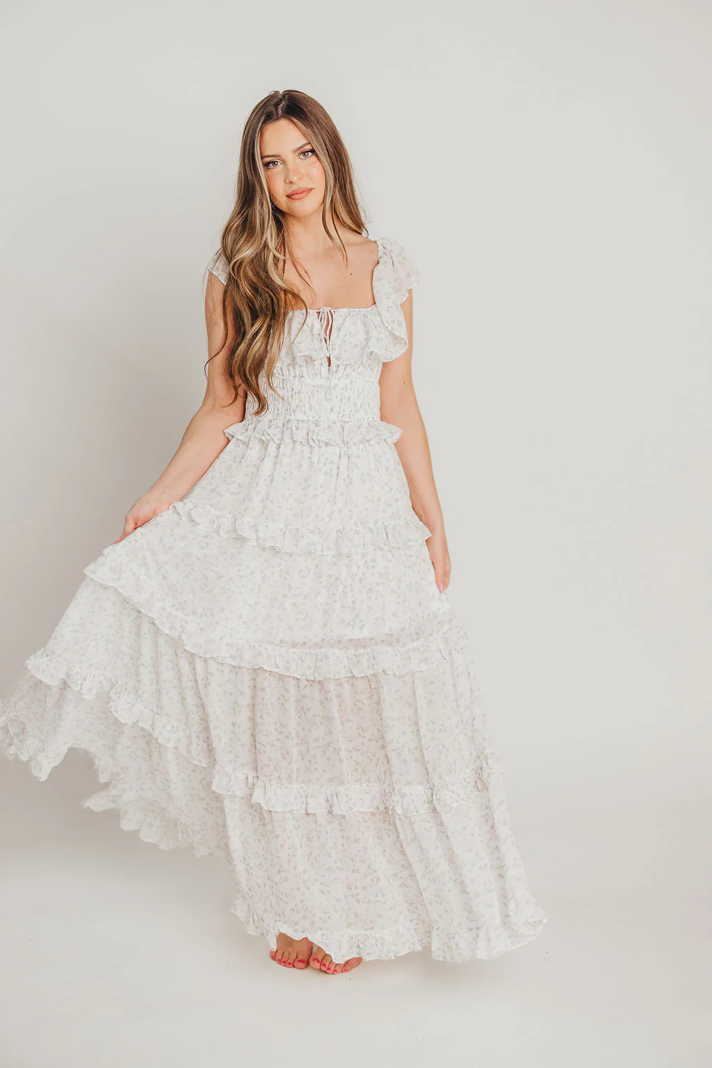 Astrid Ruffle Detail Maxi Dress in Lavender Floral - Bump Friendly - Restocking End of April - Fashionser