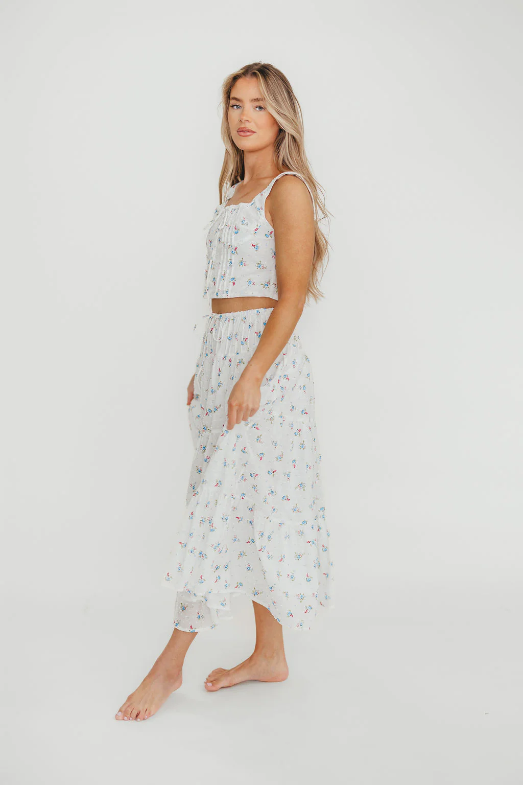 Florence 100% Cotton Corset Top & Skirt Set in White Floral - Fashionser