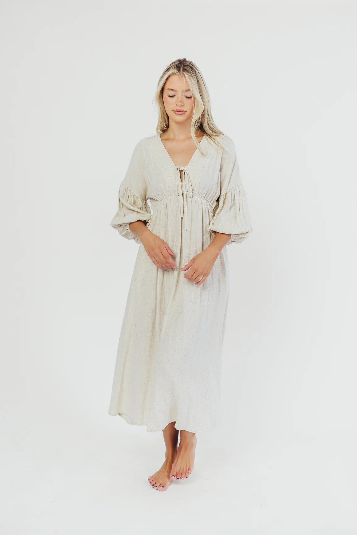 Hunter Linen-Blend Midi Dress in Greige - Bump Friendly and Inclusive Sizing - Fashionser