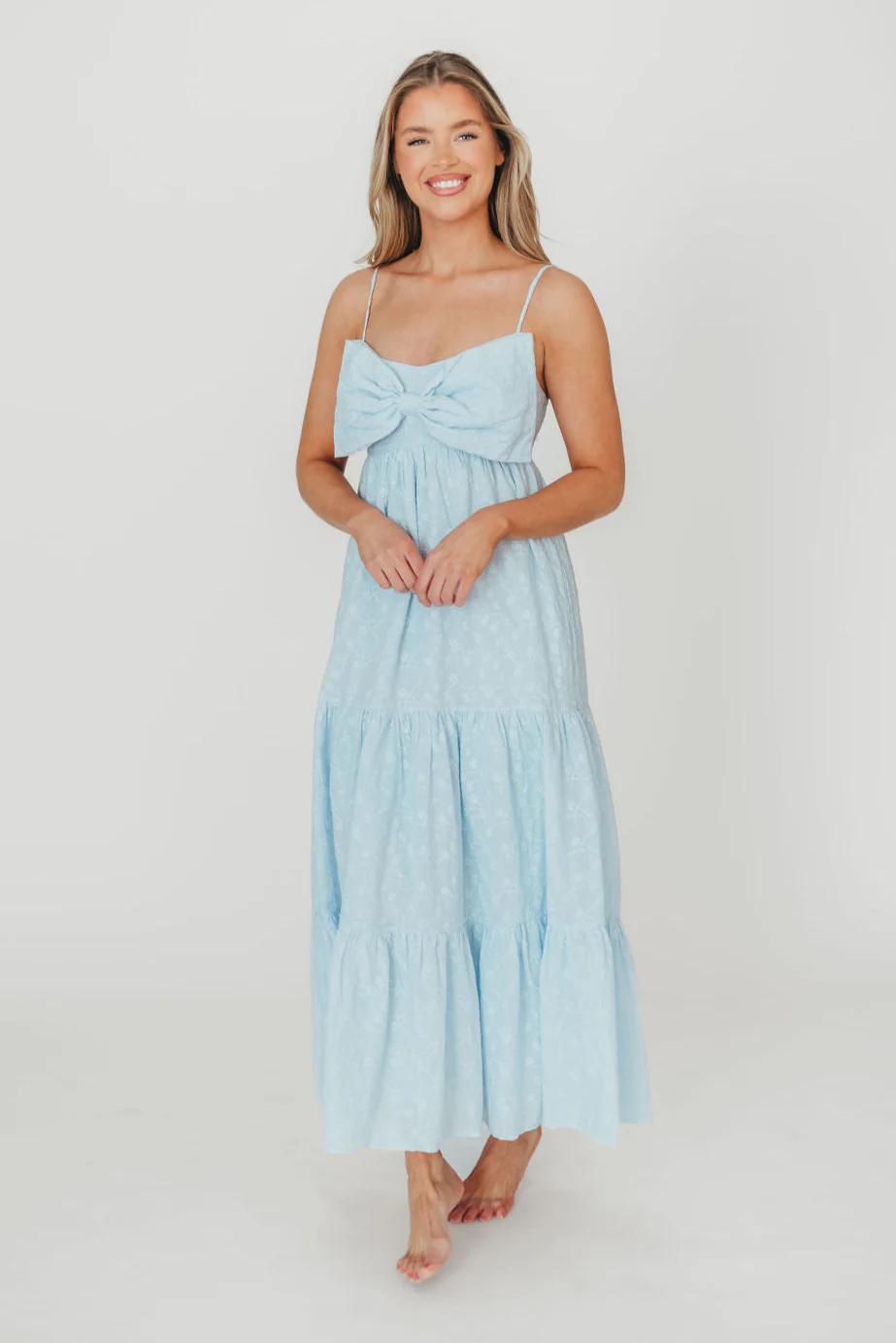 Cecile Bow Front Maxi Dress in Blue - 100% Cotton - Fashionser
