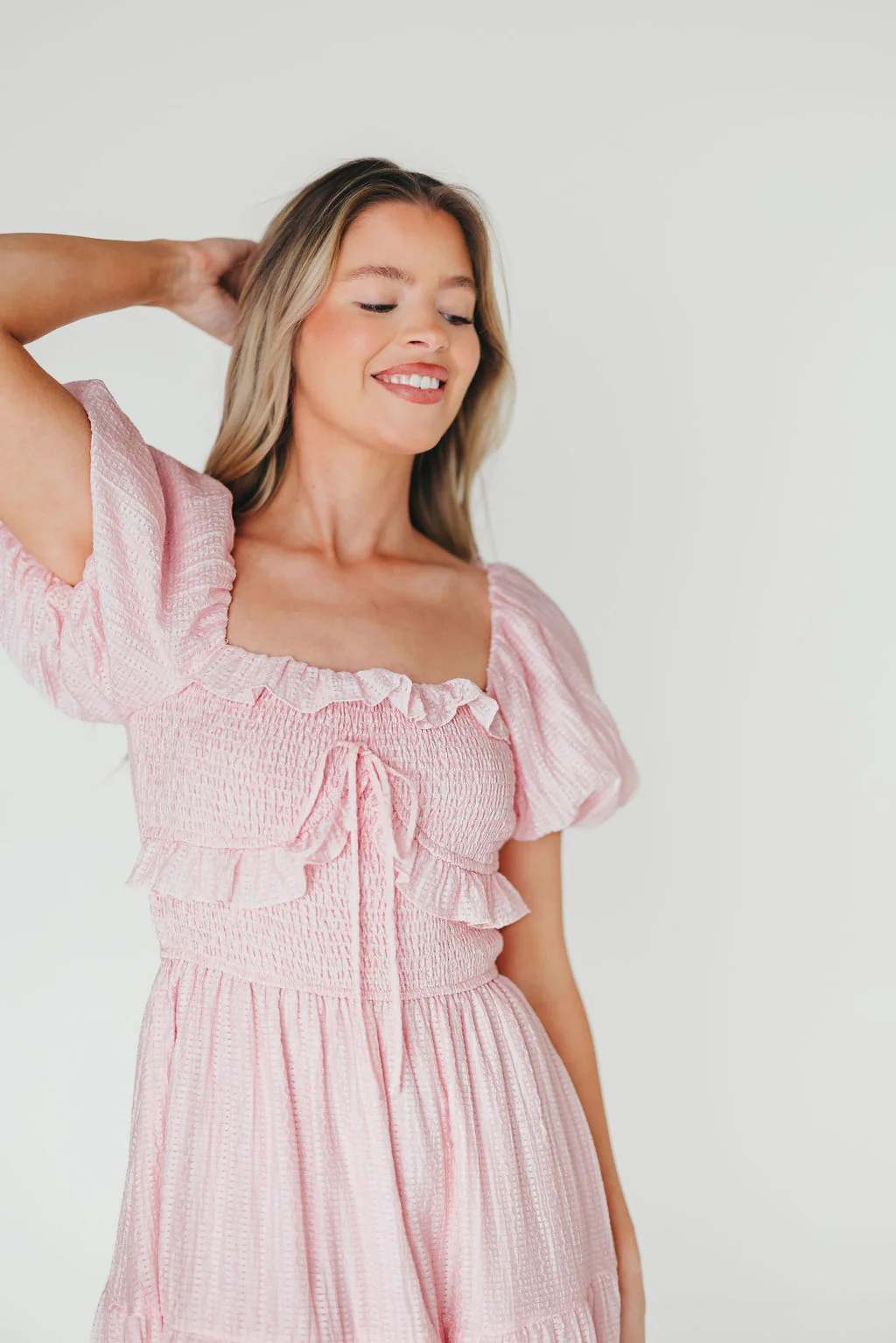 Lainey Ruffle Midi Dress in Light Pink - Fashionser