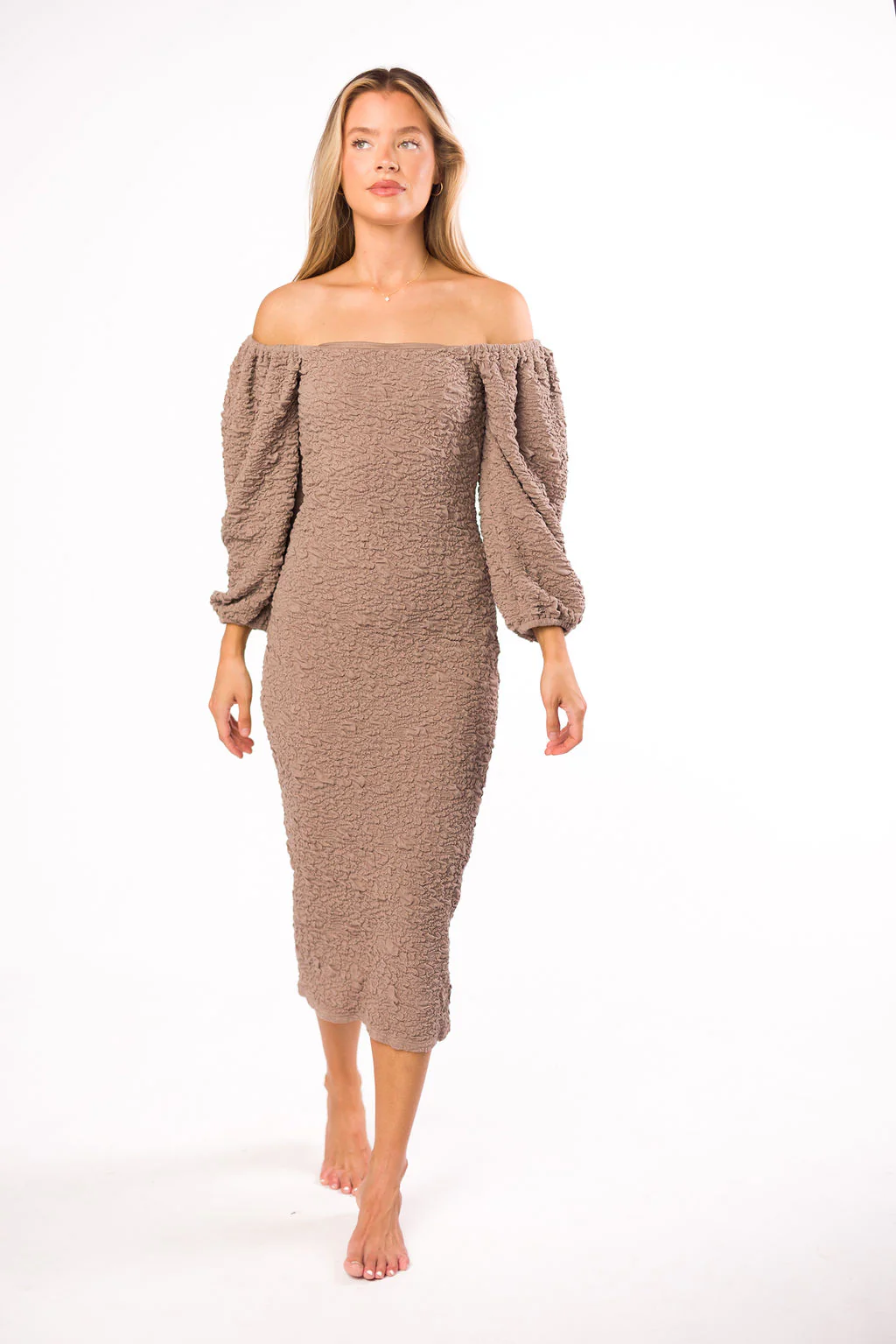 Darcy Square Neck Midi Dress in Stone - Fashionser