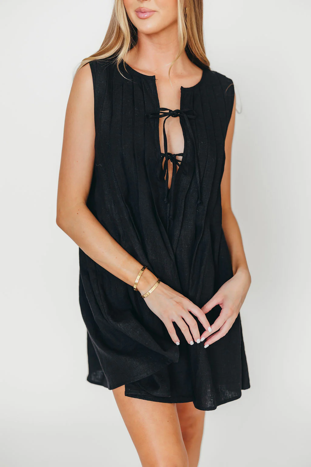 Nessa Tie Mini Dress Woven in Black 100% Linen - Fashionser