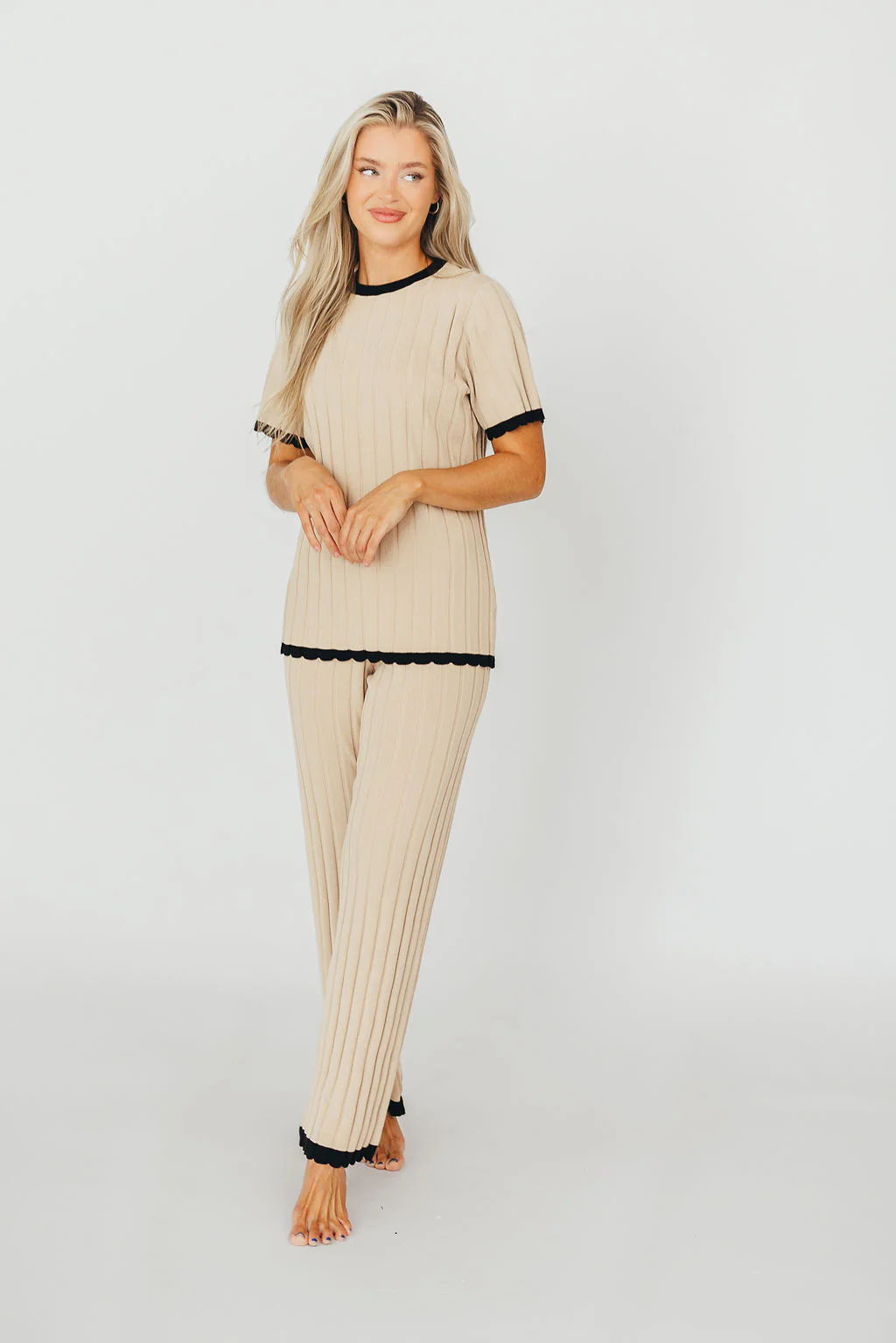 Adele Ribbed Knit Top and Pants Set in Light Taupe - Fashionser