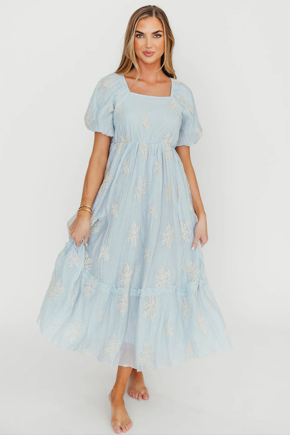 Hallie Embroidered Maxi Dress in Powder Blue - Bump Friendly & Inclusive Sizing (S-3XL) - Fashionser