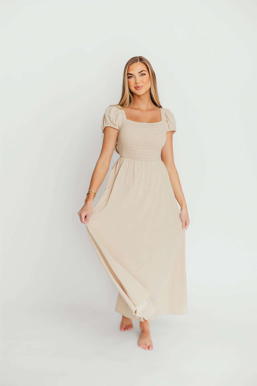 Anastasia 100% Cotton Criss-Cross Back Maxi Dress in Beige - Fashionser