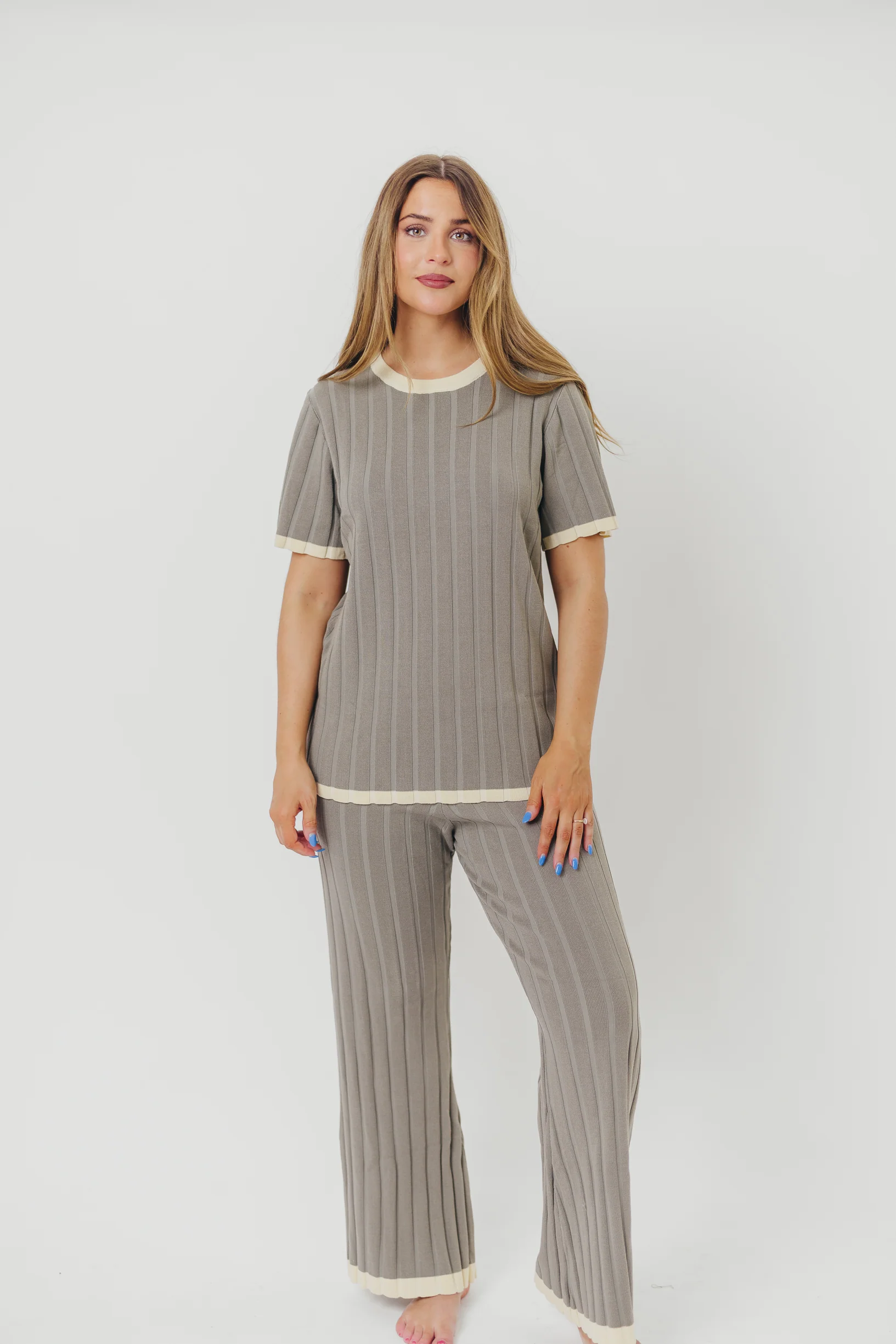 Adele Ribbed Knit Top and Pants Set in Dusty Olive - Fashionser