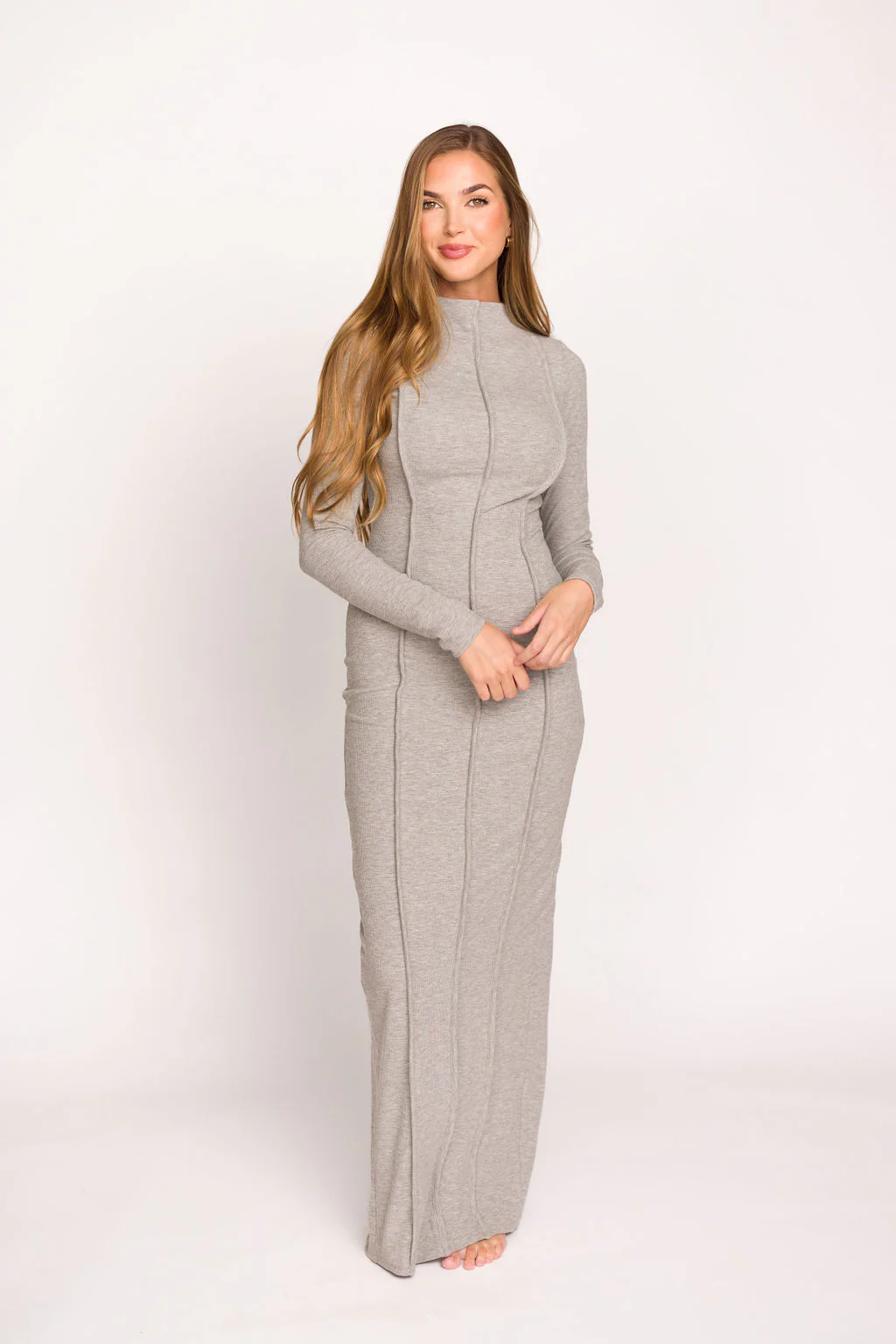 Jackie Knit Maxi Dress With Back Slit in Heather Grey - Fashionser
