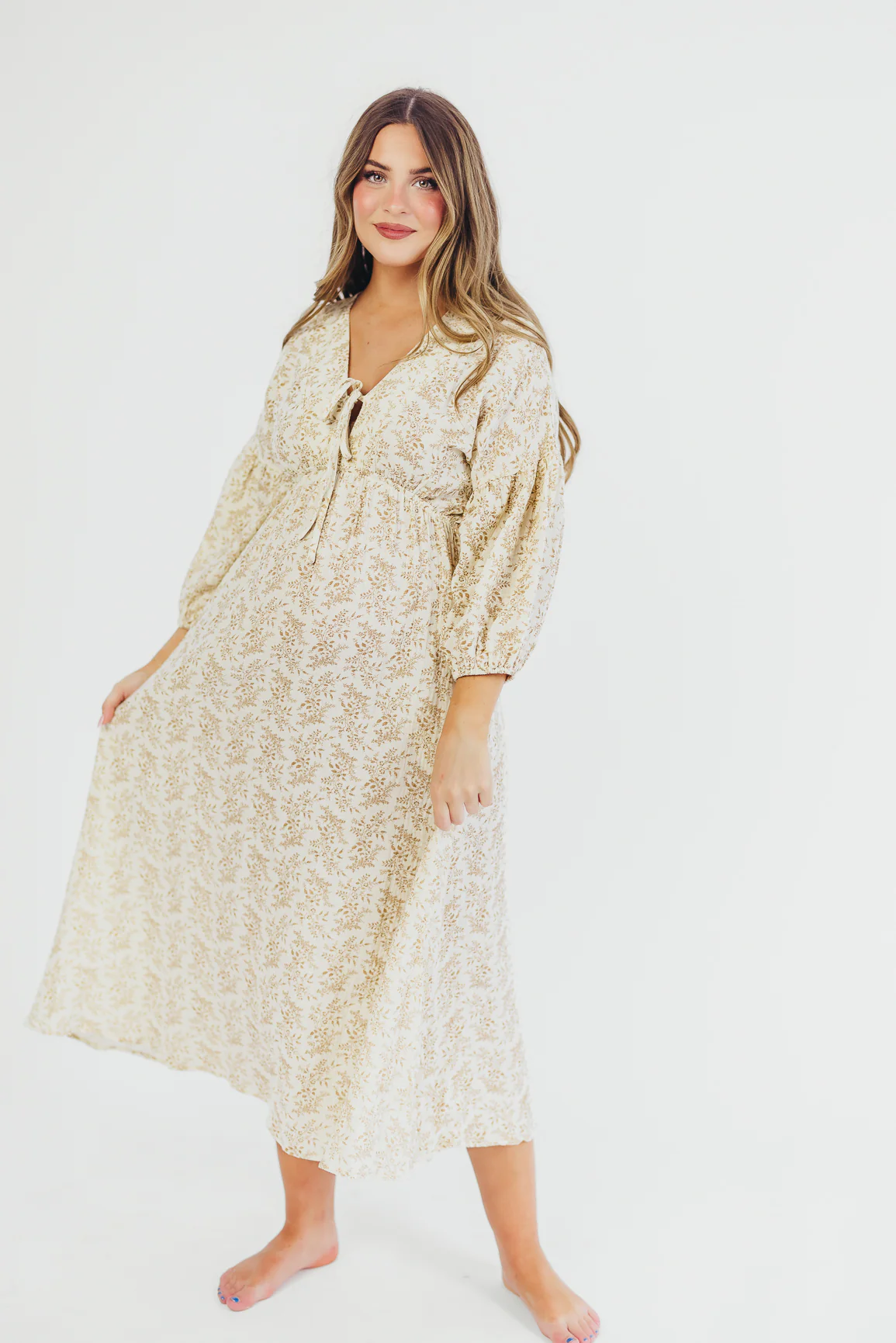 Hunter 100% Cotton Gauze Midi Dress in Natural/Tan Floral - Bump Friendly and Inclusive Sizing - Fashionser