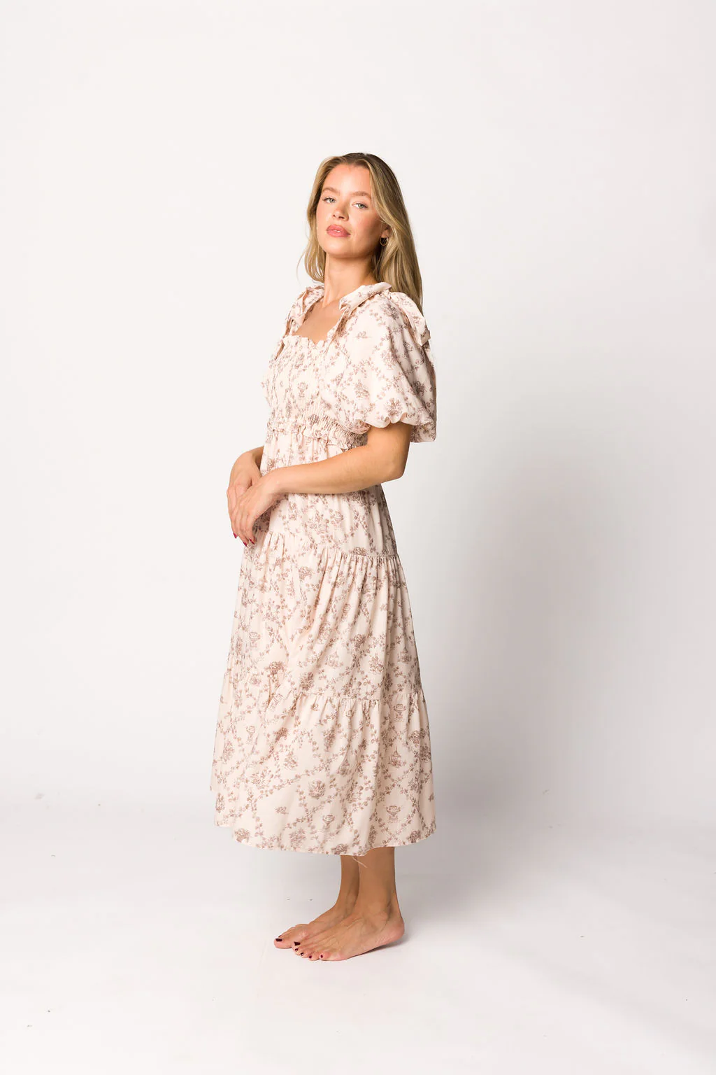 Elena Toile Print Smocked Midi Dress in Mocha - Fashionser