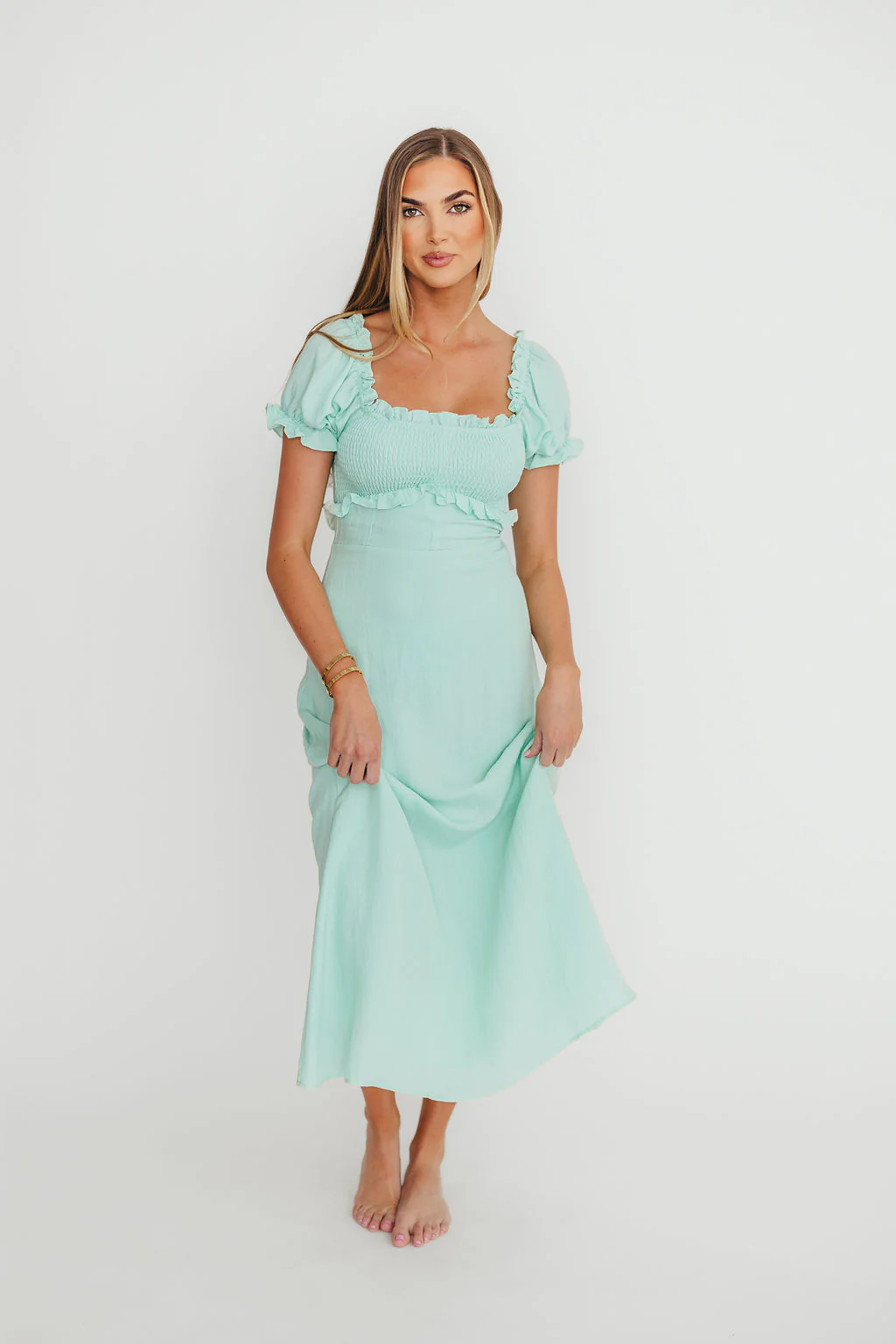 Penny Puff Sleeve Ruffle Midi Dress in Mint - Fashionser