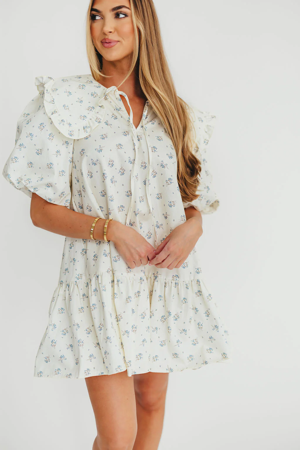 Cecile Denim Mini Dress with Collar in Natural/Blue Floral - Fashionser