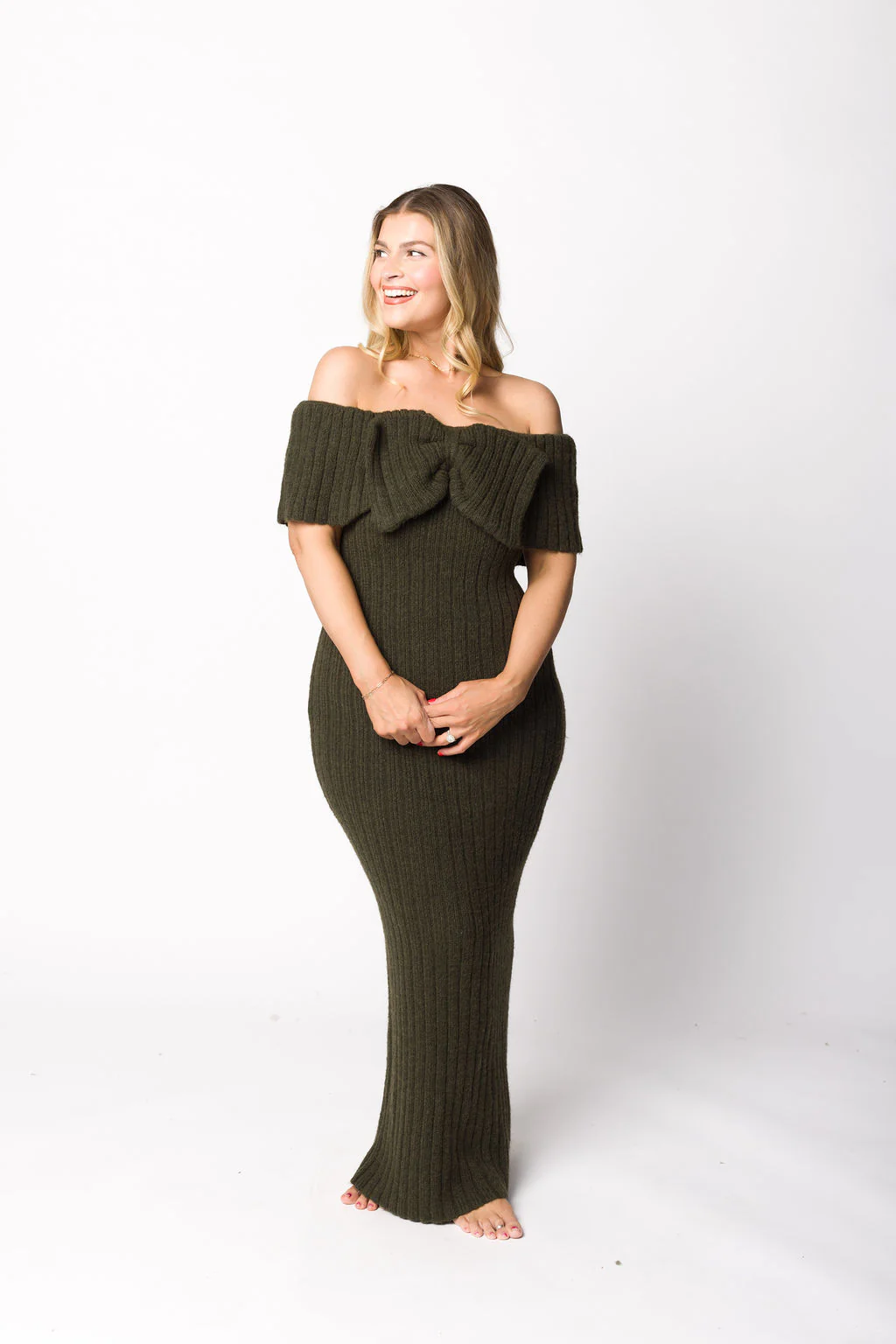 Aston Bow Front Maxi Sweater Dress in Dark Green - Bump Friendly - Fashionser