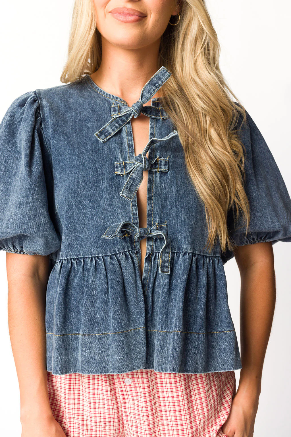Norah Tied Top in Medium Wash Denim - Fashionser