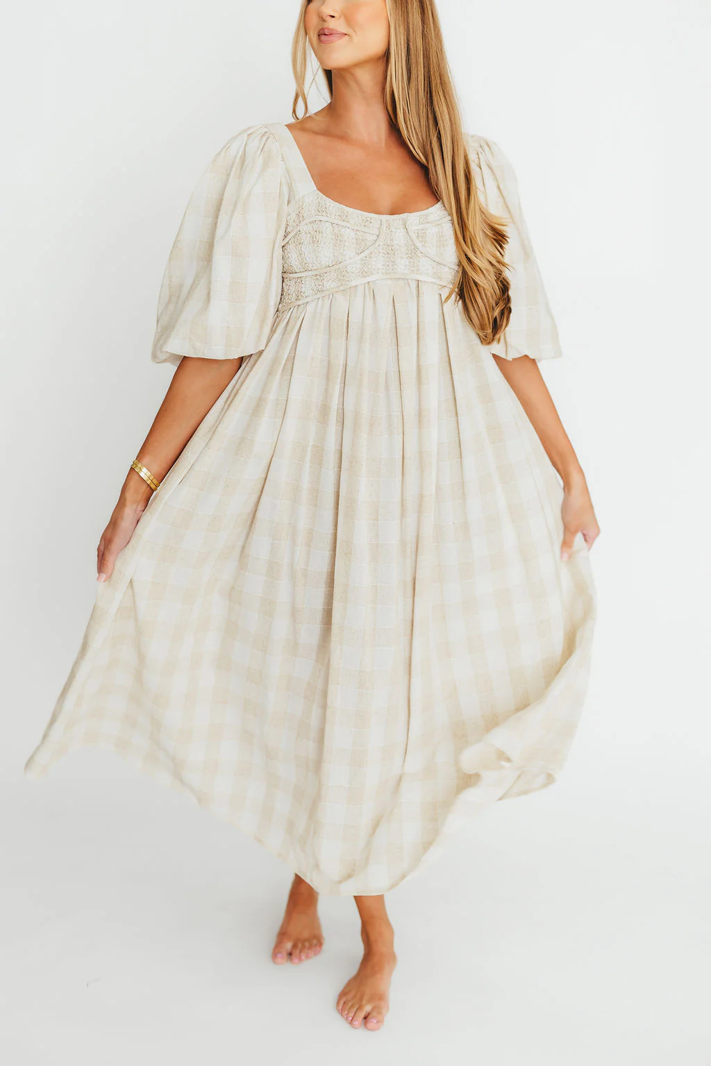 Harlow Maxi Dress in Natural Plaid - Bump Friendly (S-3XL) - Fashionser