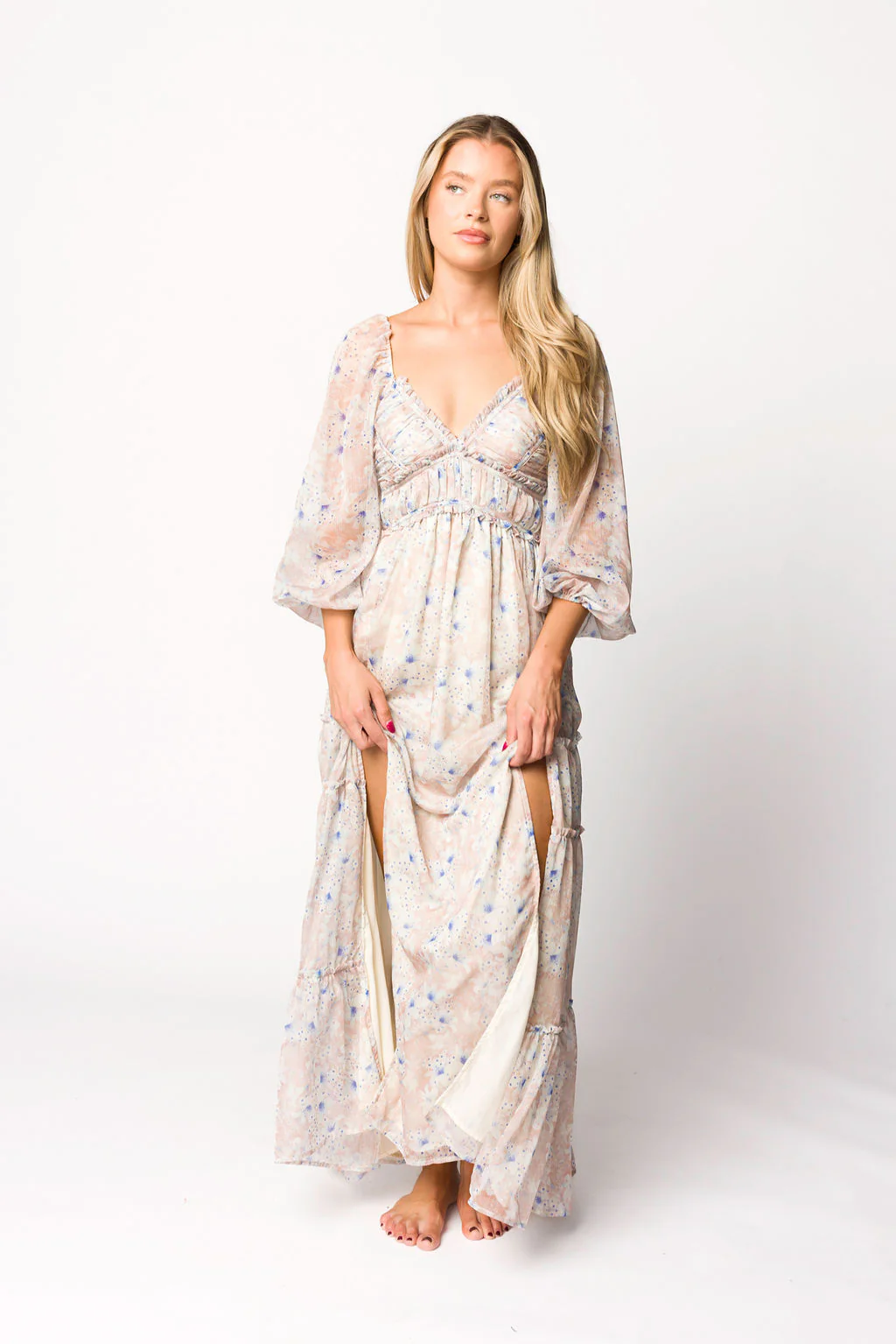 Daphne Long Sleeve Maxi Dress in Beige/Blue Floral - Bump Friendly & Inclusive Sizing (XS-3XL) - Fashionser