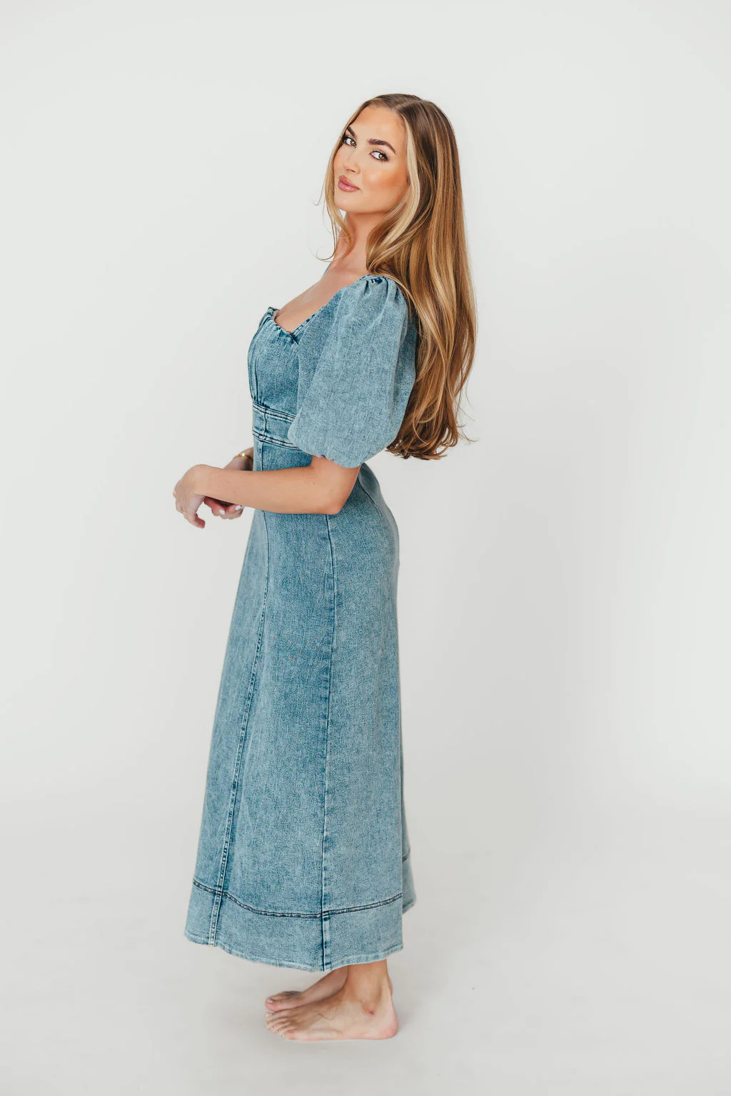 Cora Balloon Sleeve Denim Maxi Dress - Fashionser