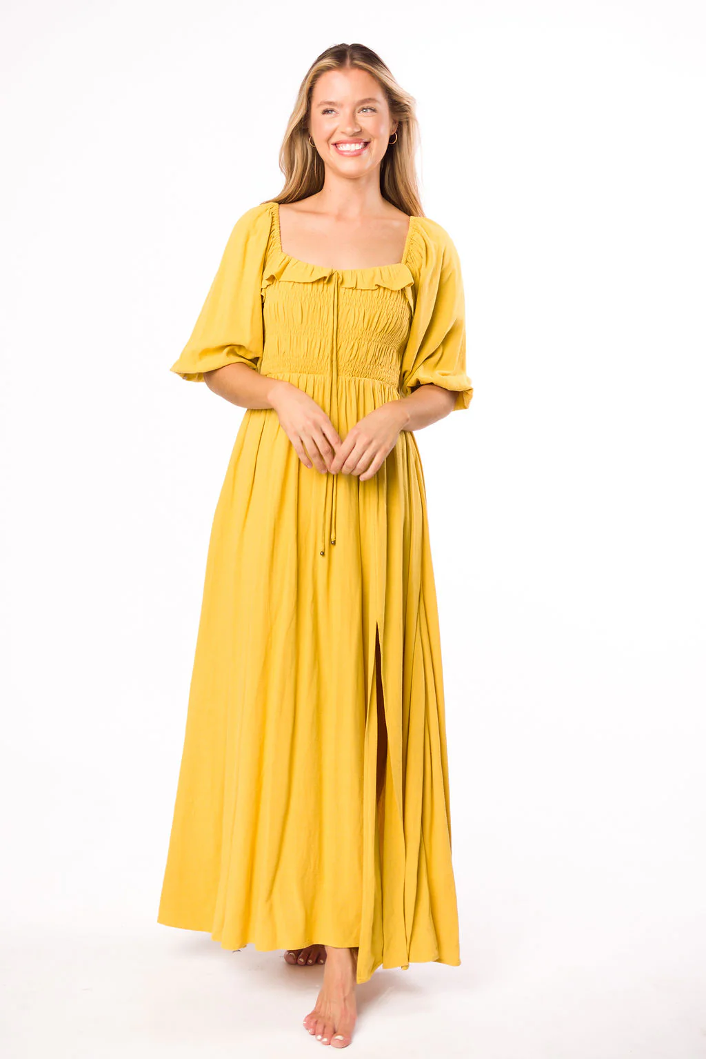 Devon Smocked Maxi Dress in Mustard - Bump Friendly - Fashionser
