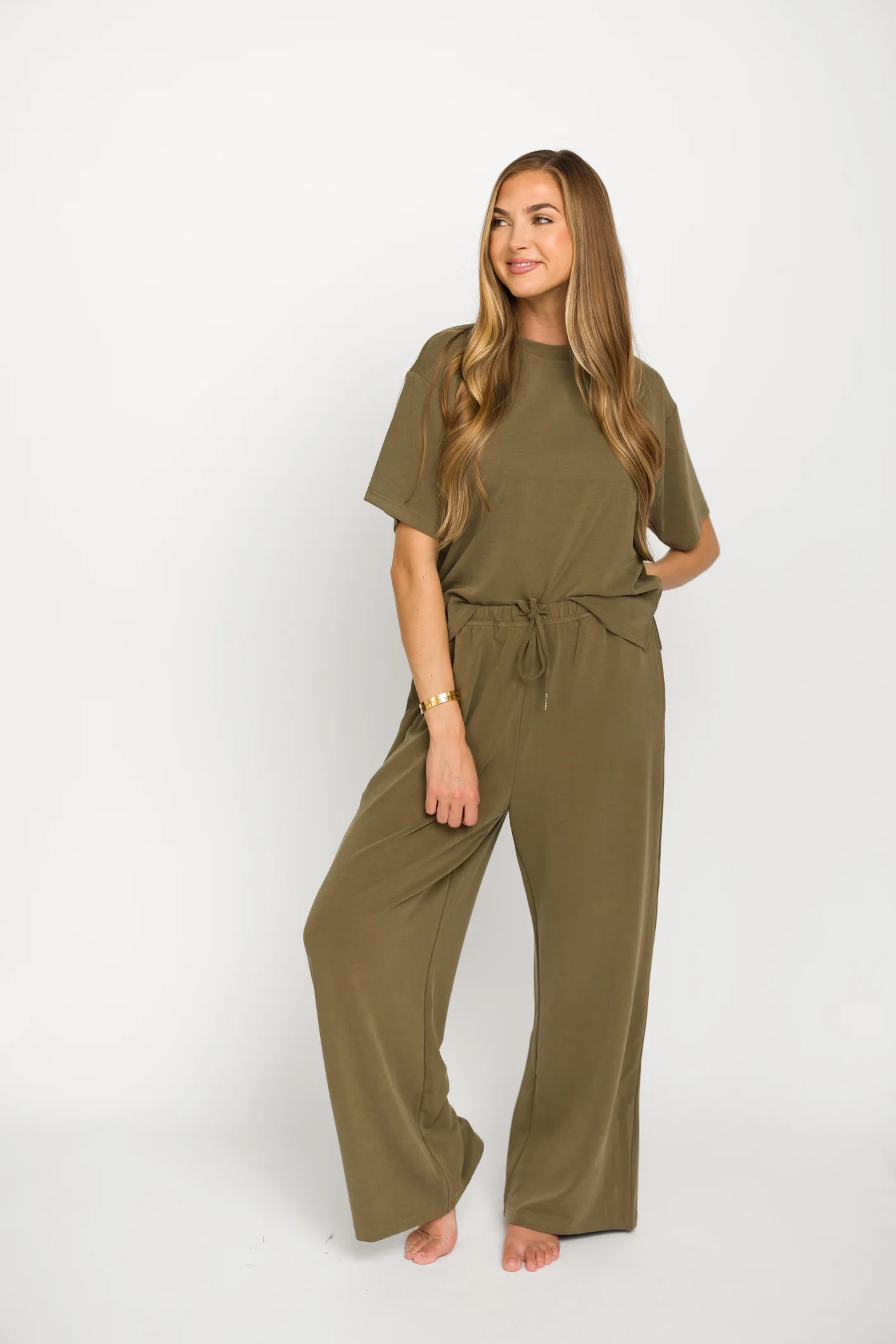 Macy Loose Fit T-Shirt and Wide Leg Pant Set in Sage - Fashionser