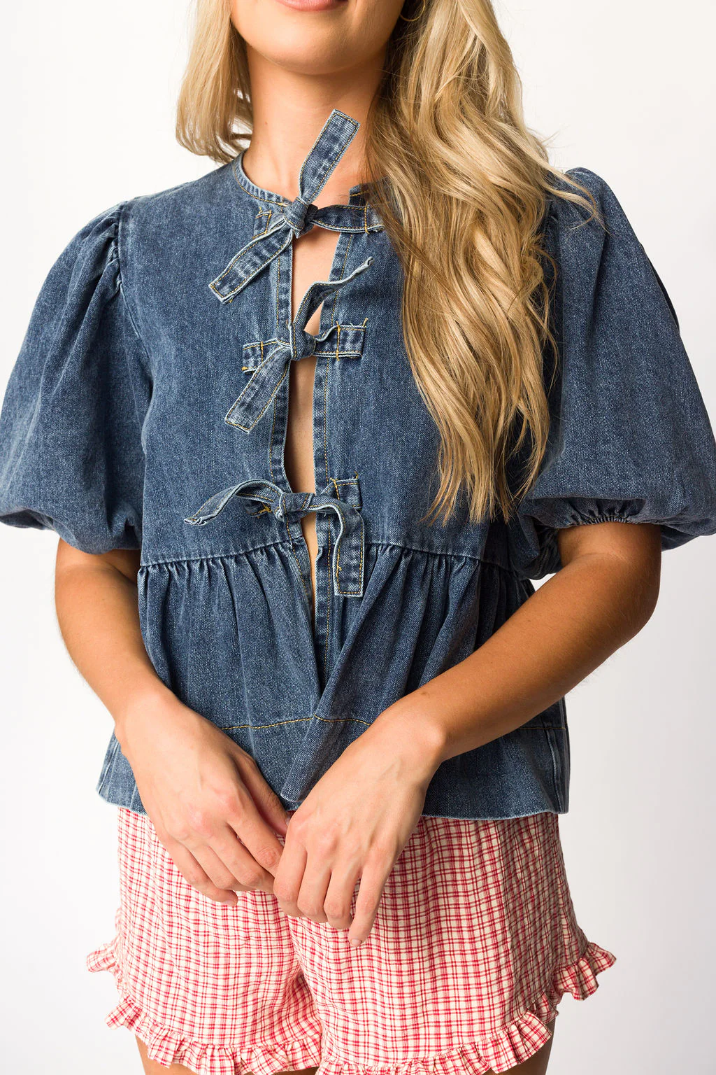 Norah Tied Top in Medium Wash Denim - Fashionser