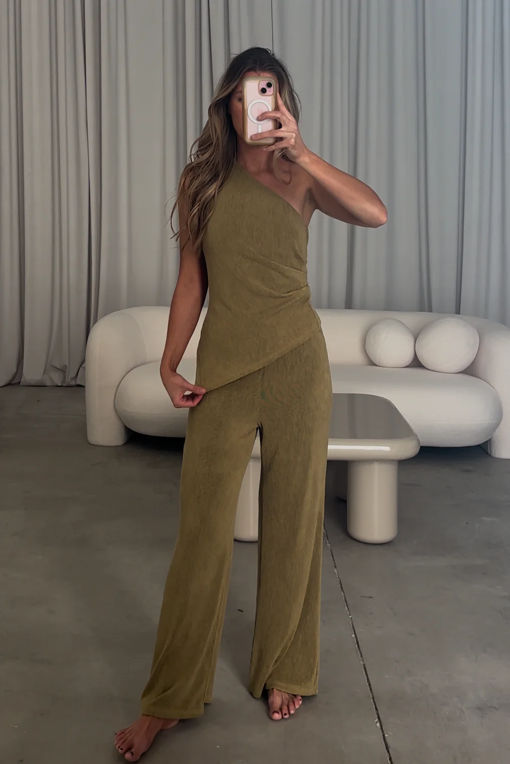 Ashley Asymmetrical One Shoulder Top and Pants Set in Olive - Fashionser