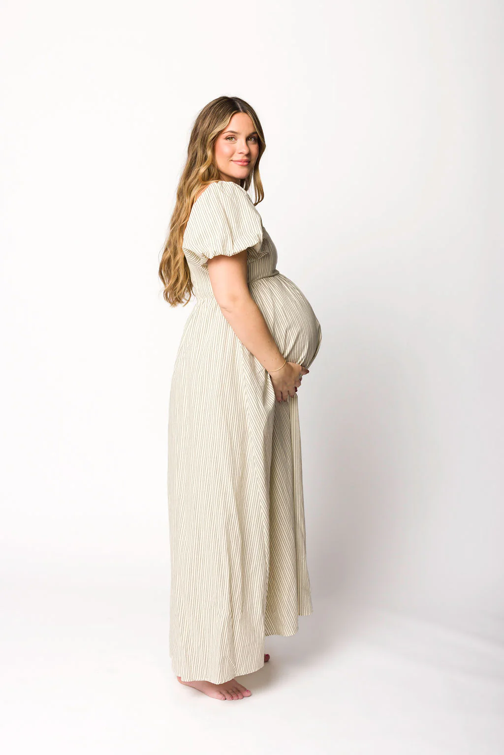 Jules Striped Maxi Dress in Natural/Black - Bump Friendly - Fashionser