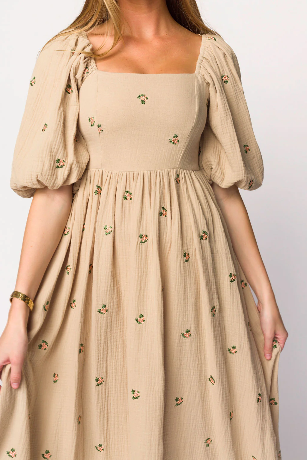 Natalie Embroidered Floral Midi Dress in Taupe - Fashionser