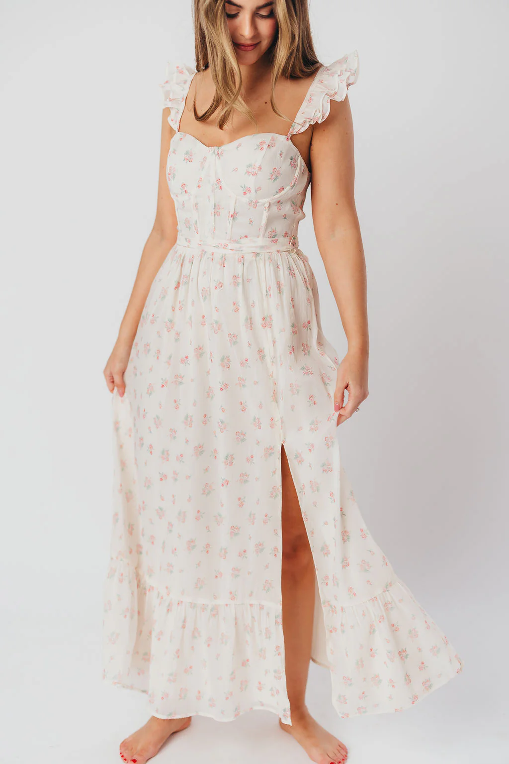 Rosamund Bustier-Style Maxi Dress in Blush Pink Floral - Inclusive Sizing (S-3XL) - Fashionser