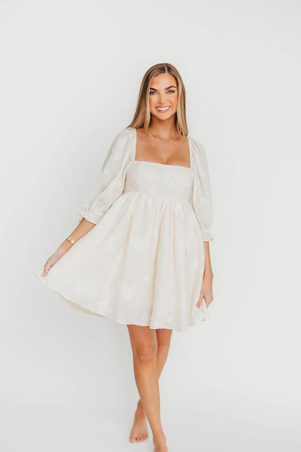 Alina Embroidered Babydoll Mini Dress in Cream - Fashionser