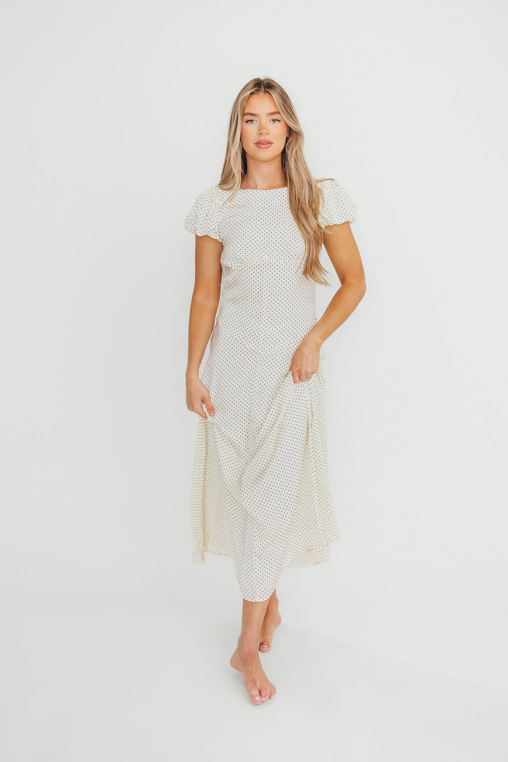 Perla Polka Dot Midi Dress in Ivory - Fashionser