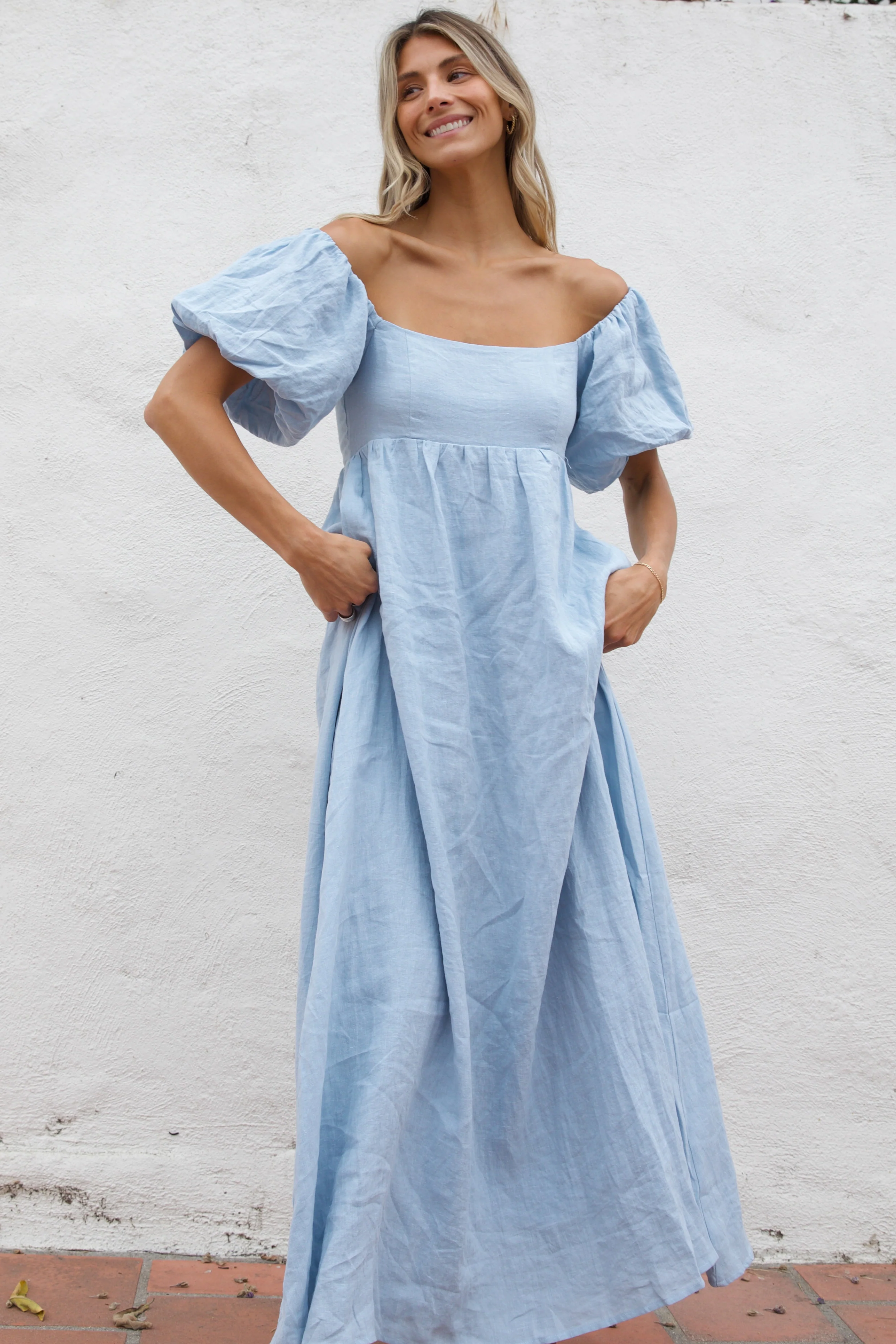 Candace Maxi Dress in Light Blue - 100% Linen - Bump Friendly (Low Stock) - Fashionser