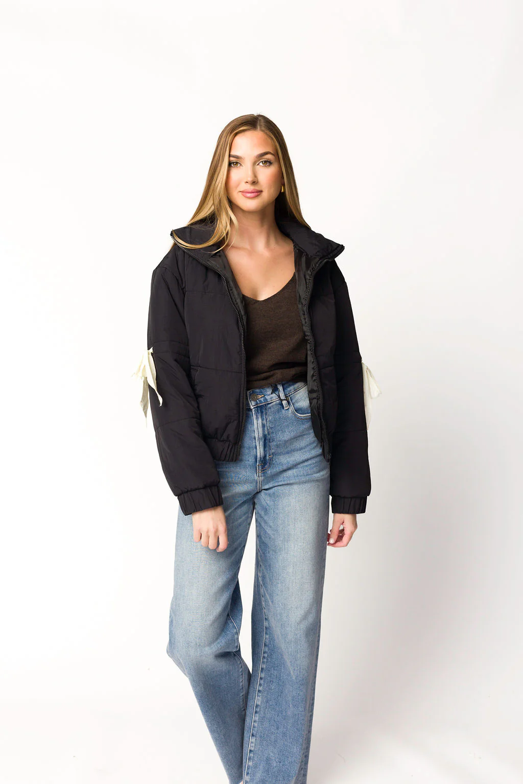 Andy Bow Cropped Puffer Jacket in Black - Fashionser