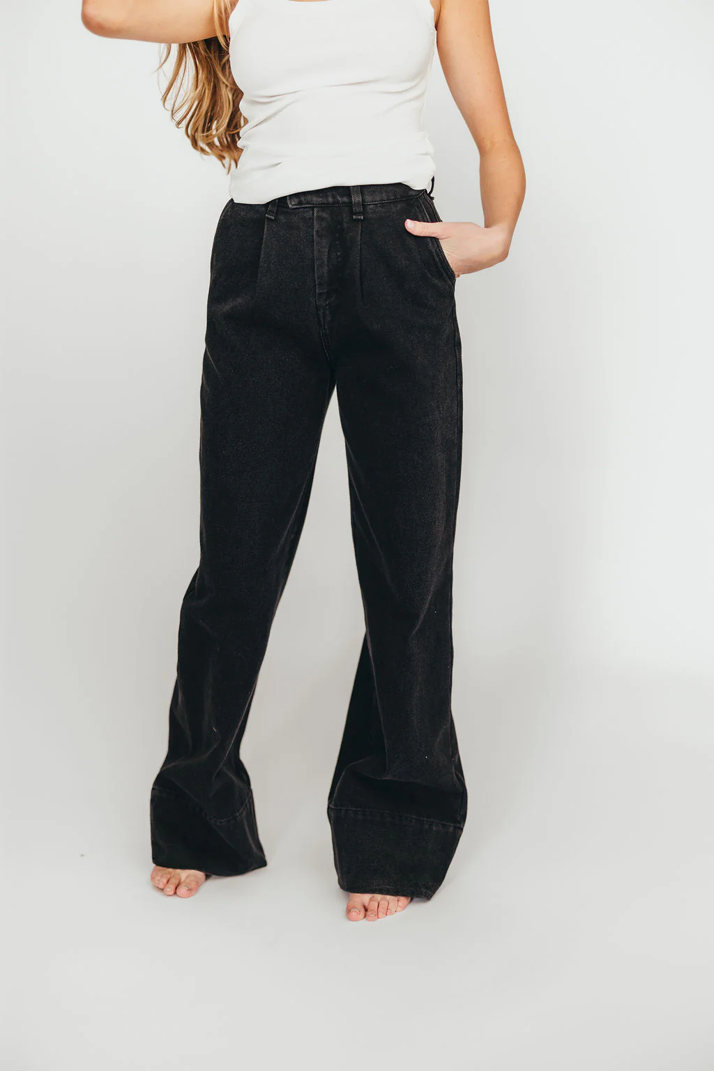 Anna High Rise Pleated Palazzo Pants in Washed Black - Fashionser