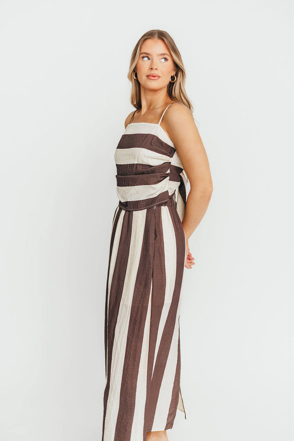 Autumn Tie Back Top and Skirt Set in Brown Stripe - Fashionser