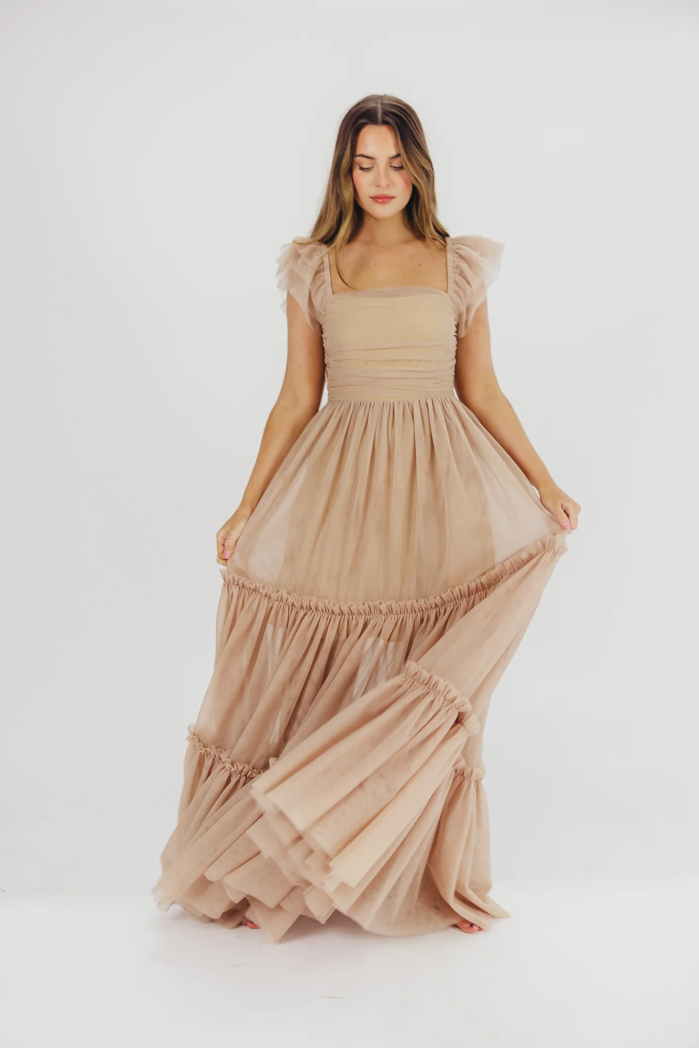 Bella Tiered Tulle Maxi Dress in Taupe - Bump Friendly & Inclusive Sizing (S-3XL) - Fashionser