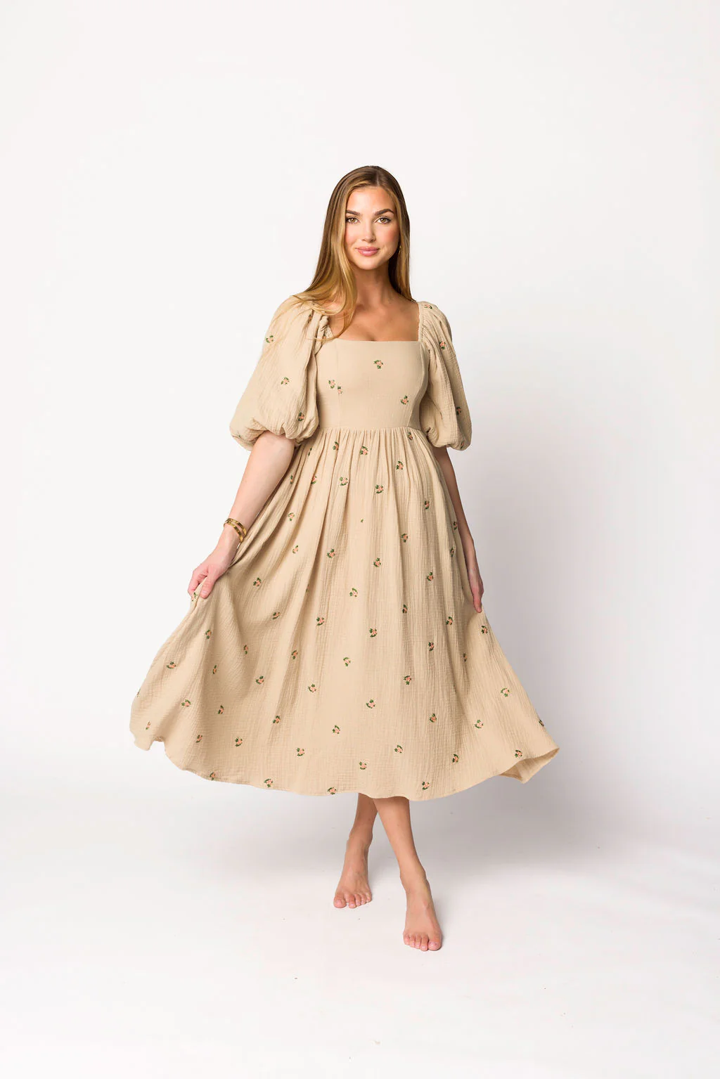 Natalie Embroidered Floral Midi Dress in Taupe - Fashionser