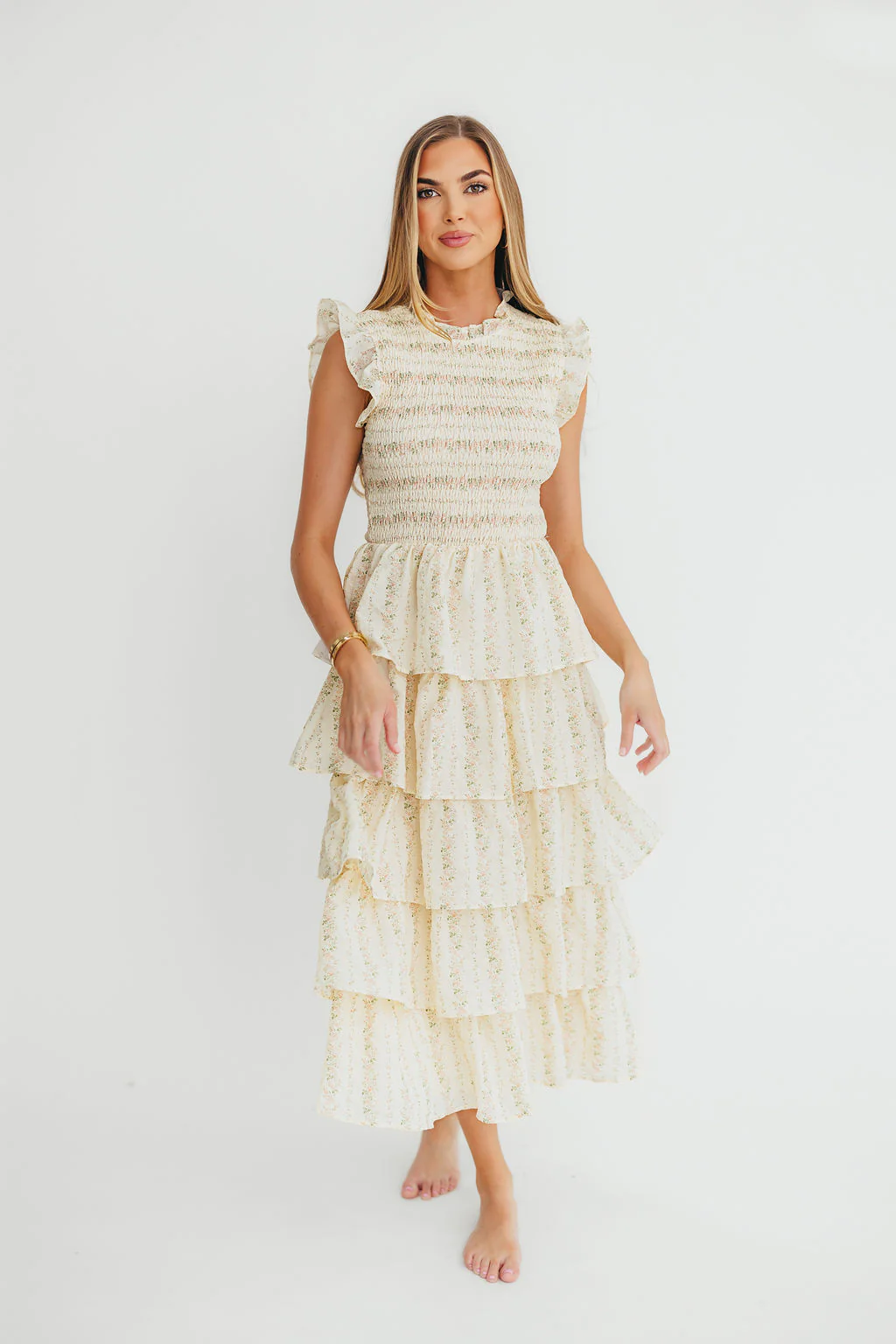 Emery Ruffled Midi Dress in Pink Floral - Fashionser