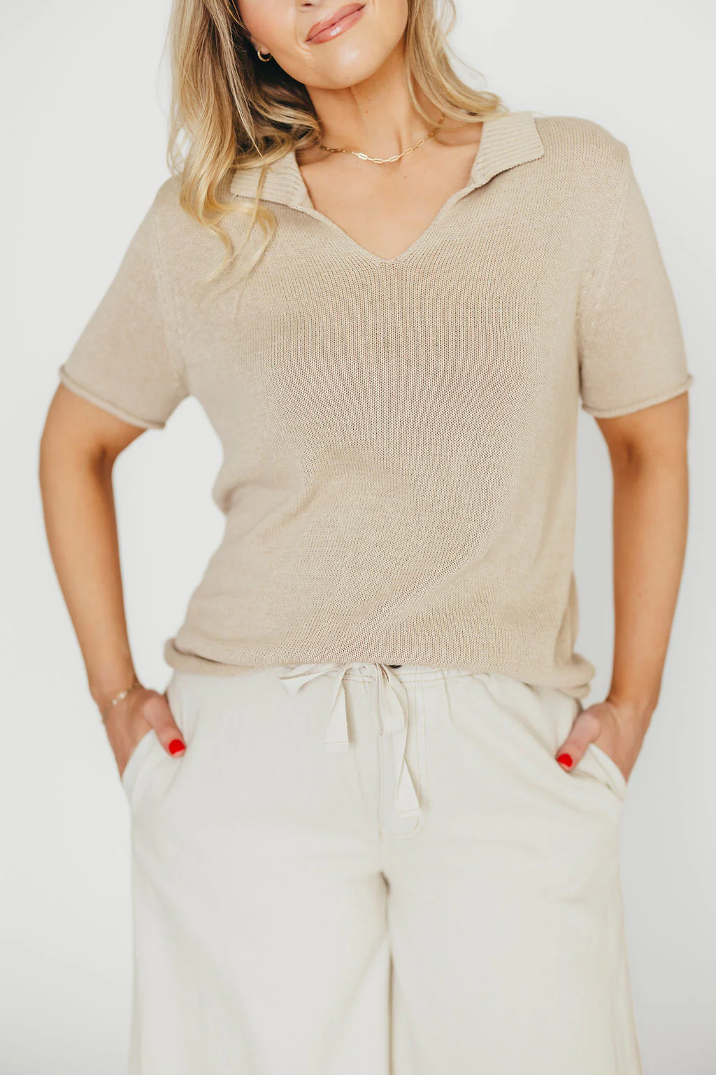 Darcy Lightweight Collared Knit Top in Oat - Fashionser