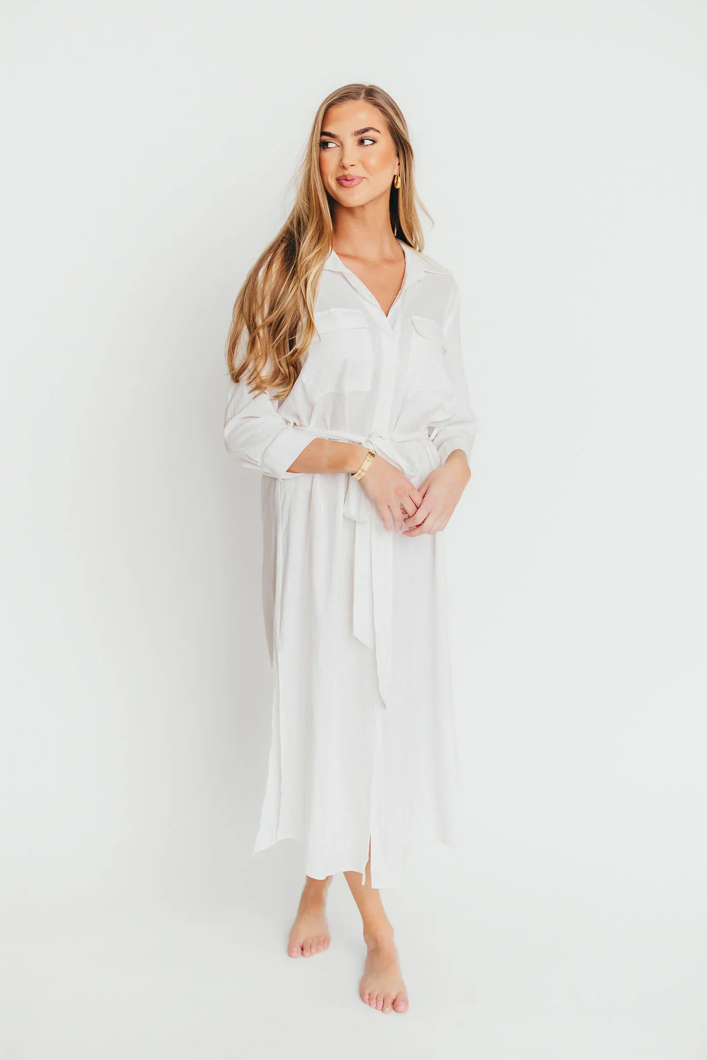 Rhea Belted Maxi Shirt Dress in White - Nursing Friendly - Fashionser