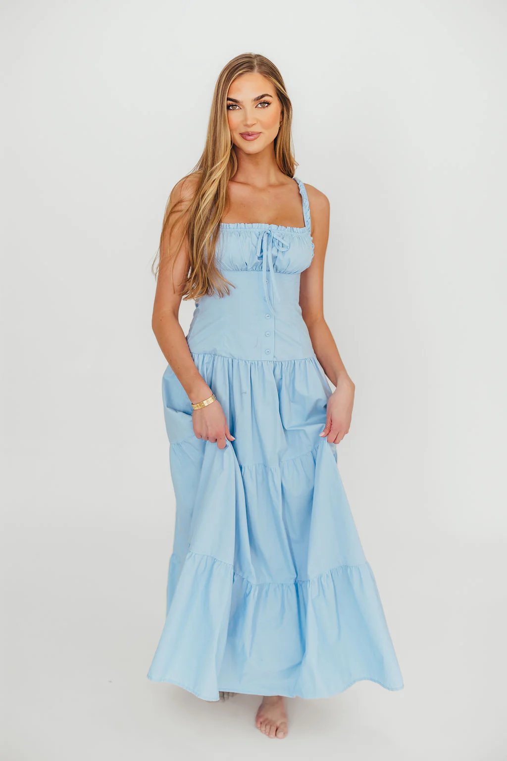 Sutton Corset Button Down Tiered Maxi Dress in Light Blue - Fashionser