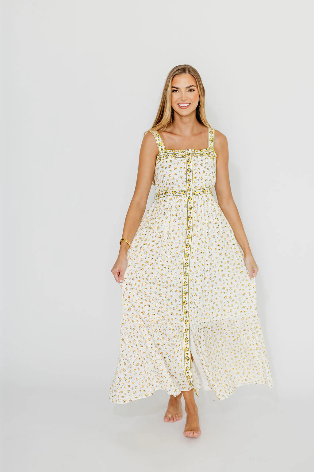 Kenna Cotton Floral Embroidered Maxi In Daffodil - Fashionser
