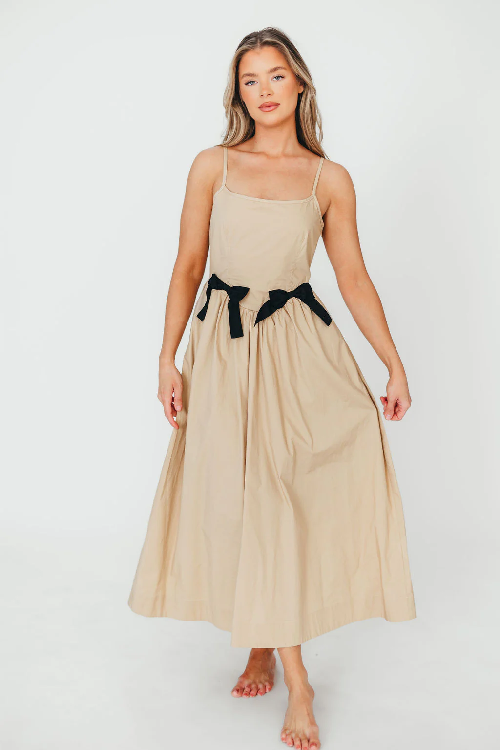 Celeste Square Neck Midi Dress with Bow Detail in Khaki - Fashionser