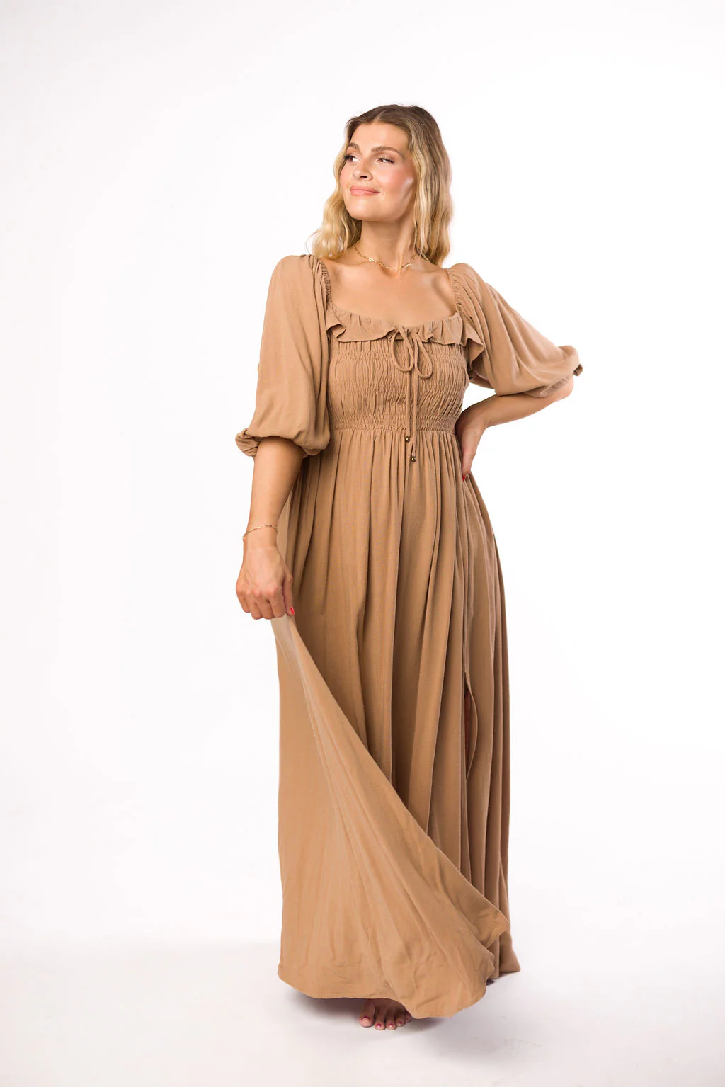 Devon Smocked Maxi Dress in Taupe - Bump Friendly - Fashionser