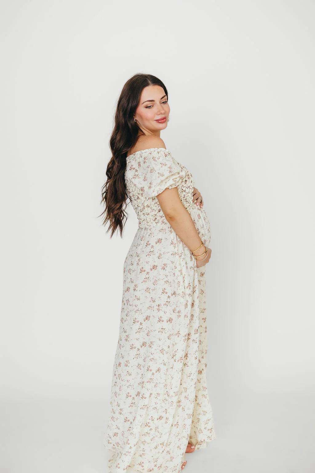 Emilia Smocked Maxi Dress in Ivory/Mauve FloralEmilia 100% Cotton Smocked Maxi Dress in Ivory/Mauve Floral - Bump Friendly - Fashionser