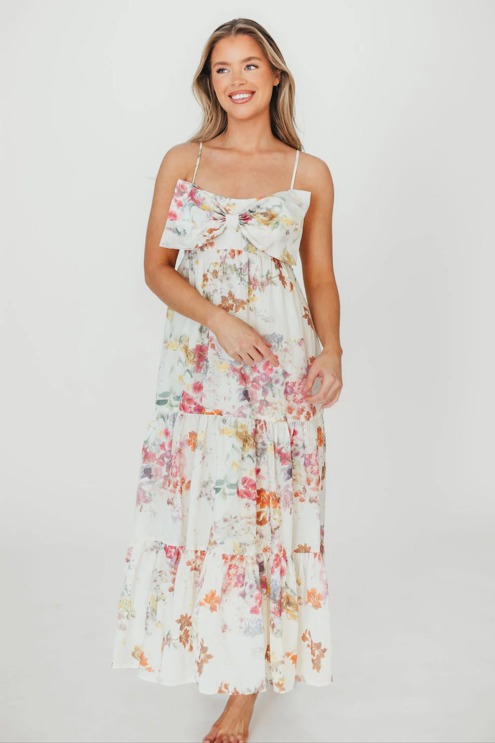 Cecile Bow Front Maxi Dress in Cream/Multi Floral - Fashionser